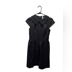 Kenzie Black Jacquard Dress Beaded Peter Pan Collar Short Sleeve Women's Size XS